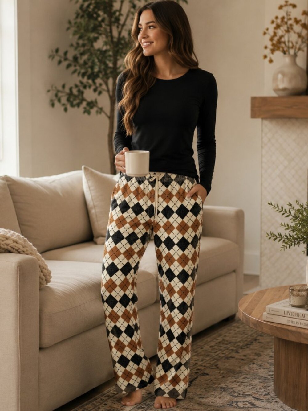 PACSUN size Slim MEDIUM Argyle Pattern Corduroy PANTS Elastic Waist TAN GRAY